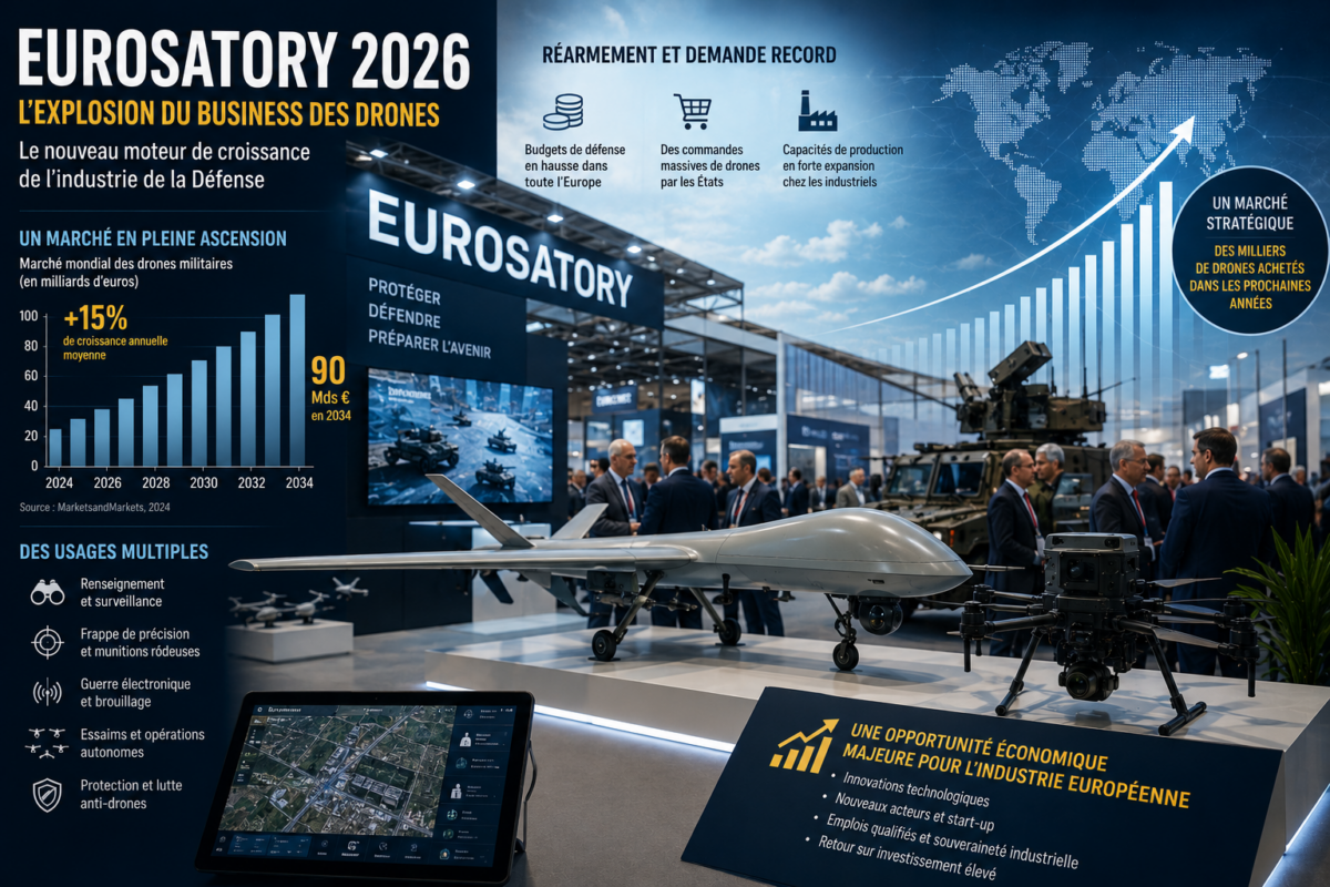 À Eurosatory 2026, les drones s'imposent comme le nouveau moteur de croissance de l'industrie de la Défense. Un marché en plein essor qui attire industriels, investisseurs et États du monde entier. Illustration générée par l'IA