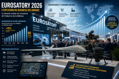 À Eurosatory 2026, les drones s'imposent comme le nouveau moteur de croissance de l'industrie de la Défense. Un marché en plein essor qui attire industriels, investisseurs et États du monde entier. Illustration générée par l'IA