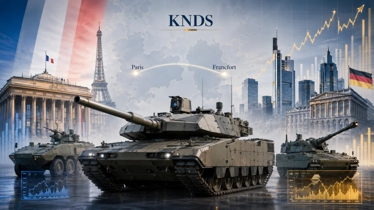 Le groupe de Défense franco-allemand KNDS prépare son entrée en Bourse à Paris et Francfort. Une opération stratégique portée par le réarmement européen. Image générée par IA