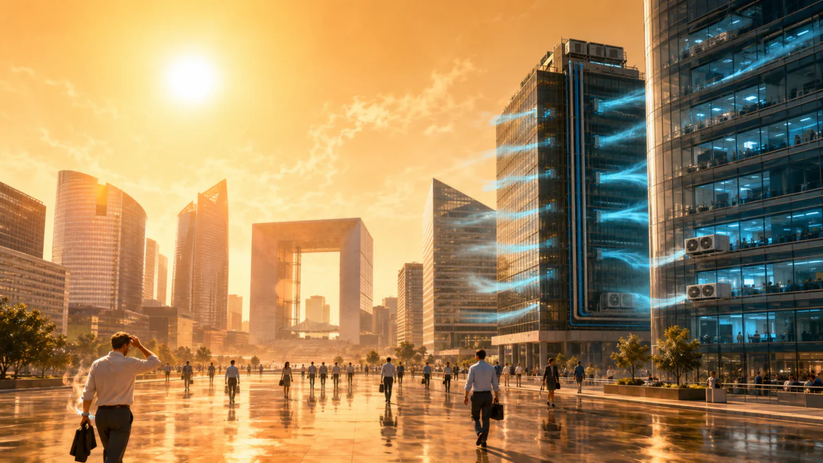La canicule met sous tension le réseau de froid de La Défense. Les tours du quartier d’affaires pourraient connaître une climatisation moins performante dès jeudi. Image générée par IA