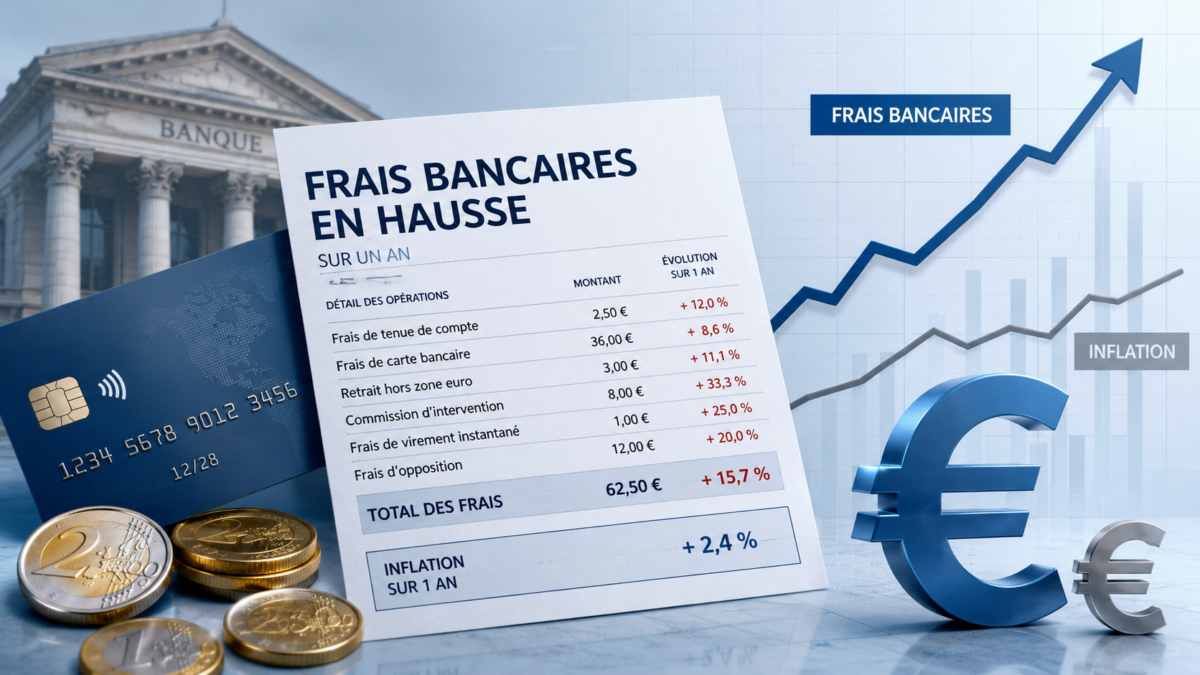 Les frais bancaires ont progressé de 2,7 % sur un an, bien plus vite que l’inflation. Cartes, tenue de compte, virements : les hausses touchent les services du quotidien. Image générée par l'IA