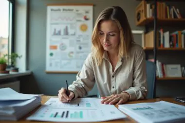 "Femme étudiant des documents financiers avec un crayon, dans un bureau chaleureux."