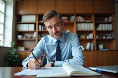 "Guide fiscalité SCI : un homme consulte des documents fiscaux sur un bureau en bois pour comprendre les implications IR ou I