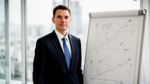 Stratégies pour faire face à la récession - Un homme d'affaires analyse les données financières sur un tableau blanc