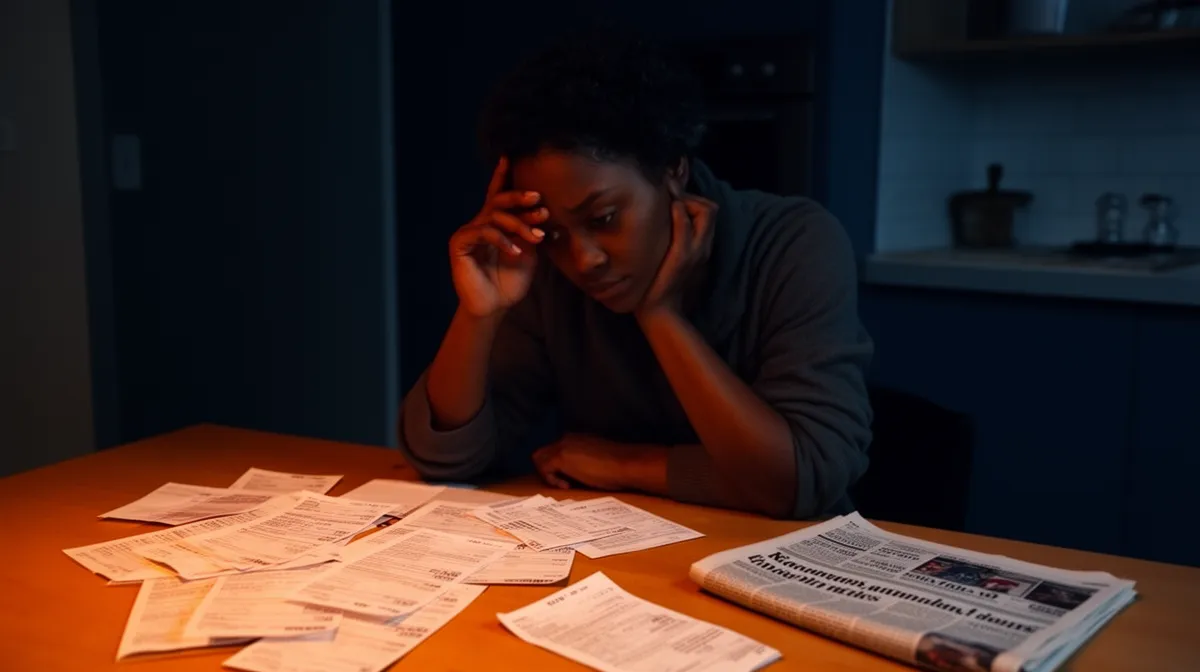 Femme stressée examinant des documents et des factures sur une table sombre.