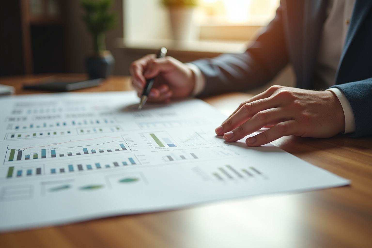 Analyse de données financières sur un bureau en bois.