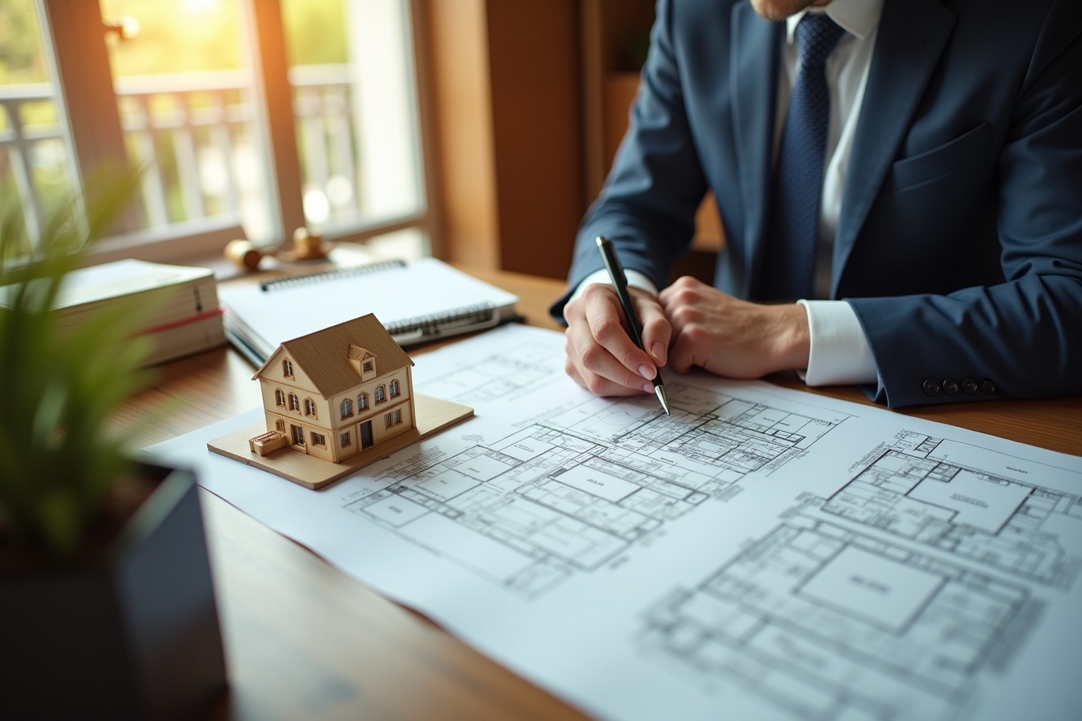Homme d'affaires examinant des plans architecturaux avec une maquette de maison.