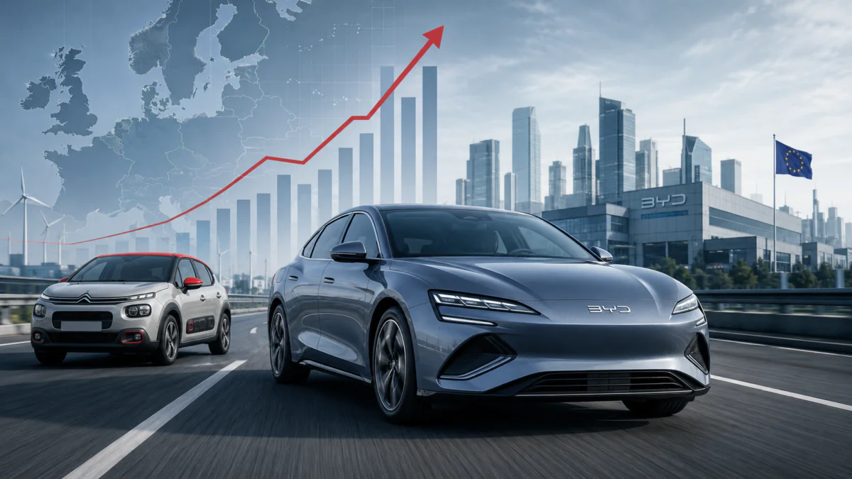BYD a dépassé Citroën en Europe en mai 2026. Un signal économique fort pour l’industrie automobile européenne, confrontée à la montée rapide des constructeurs chinois. Image générée par IA