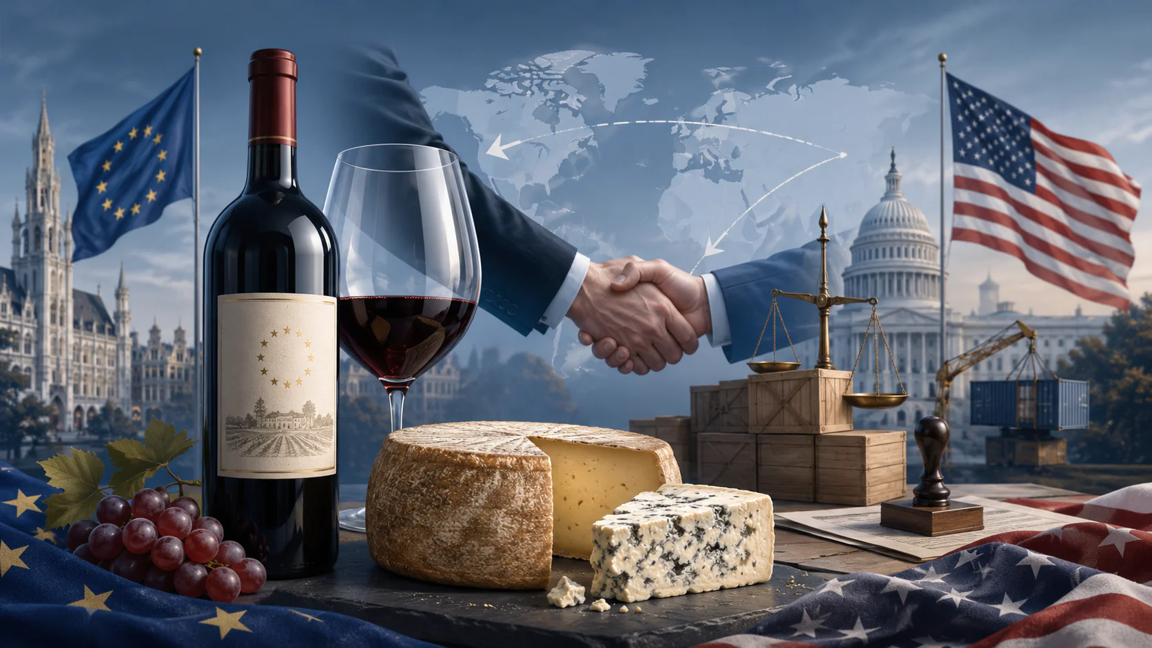 L’Union européenne demande à Washington de réduire les droits de douane sur ses vins, ses fromages et plusieurs produits stratégiques. Image générée par IA