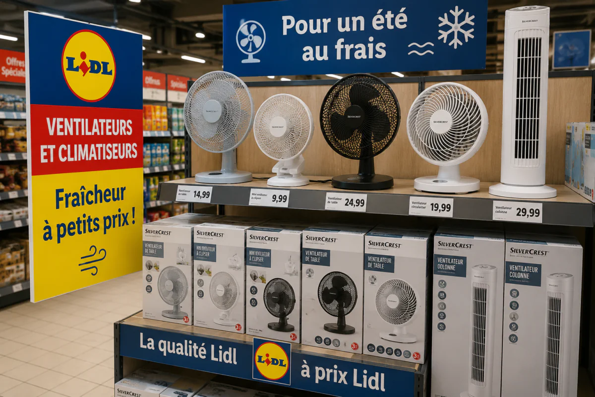 La vente de 200 000 climatiseurs et ventilateurs chez Lidl a provoqué files d’attente et tensions, sur fond de nouvelle vague de chaleur. Image générée par IA