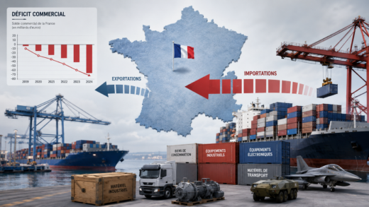 Le déficit commercial français atteint 6,9 milliards d’euros en mai 2026, porté par le recul des exportations et une légère hausse des importations. Image générée par IA