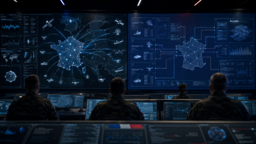 Avec Arcadia, la France cherche à réduire sa dépendance à Palantir et à structurer une filière souveraine de logiciels militaires dopés à l’intelligence artificielle. Image générée par IA