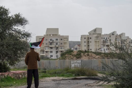 A,palestinian,protester,stands,near,the,west,bank,barrier,holding