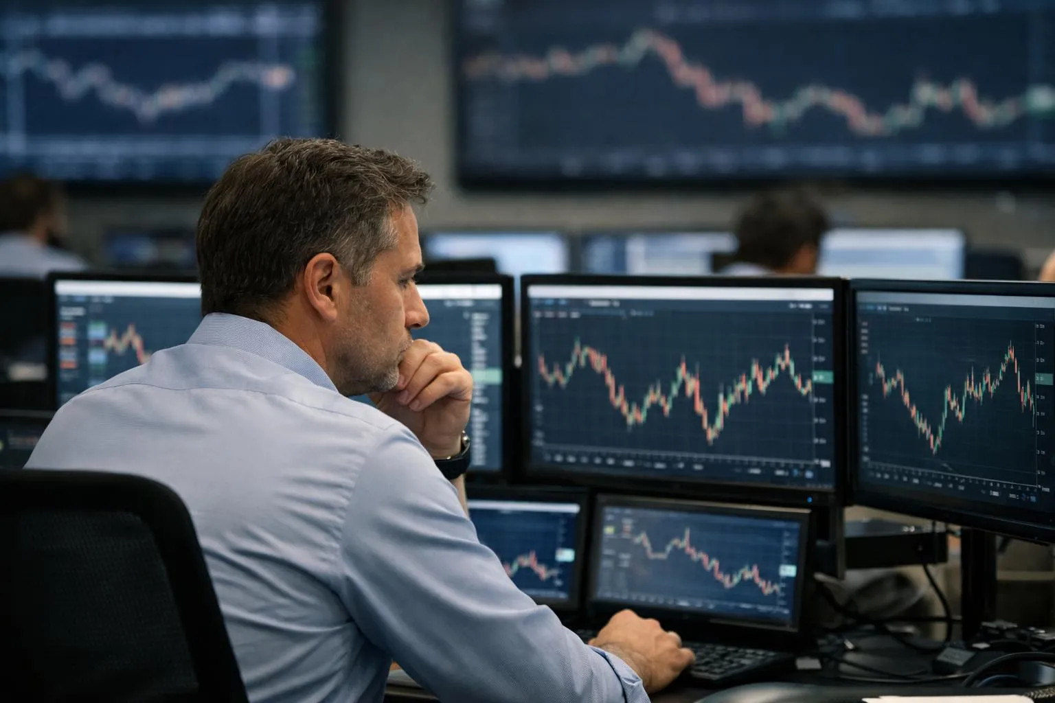 Homme d'affaires concentré analysant les graphiques boursiers sur plusieurs écrans.