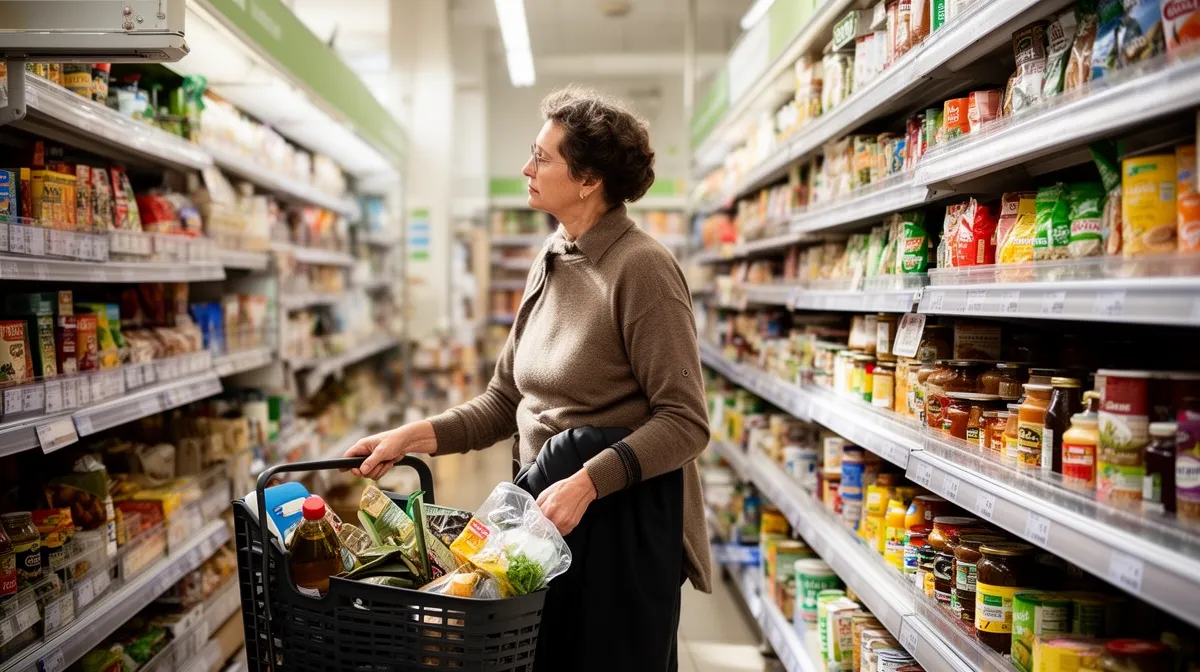 Une femme âgée fait ses courses dans un supermarché, son panier rempli de produits alimentaires.