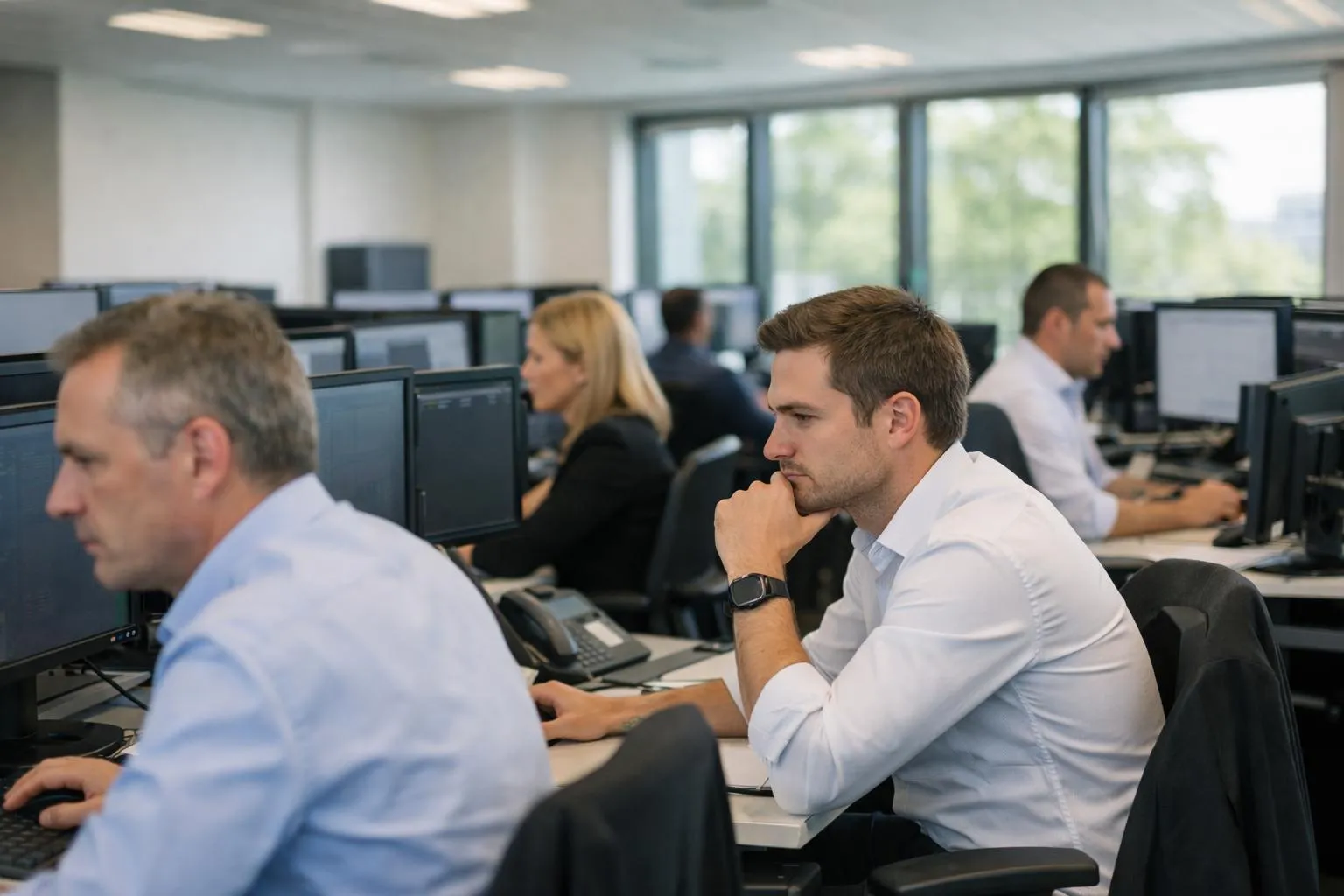 Employés de bureau travaillant sur des ordinateurs dans un espace de travail moderne.