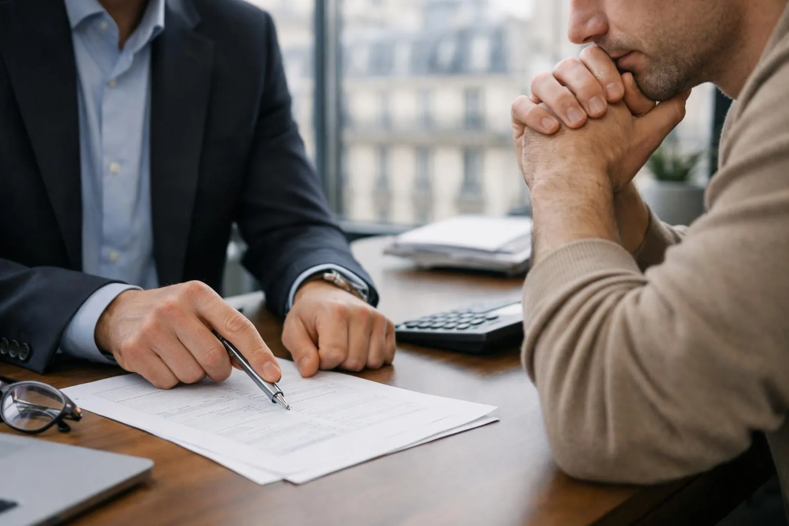 Deux hommes en costume discutent et examinent des documents sur un bureau.