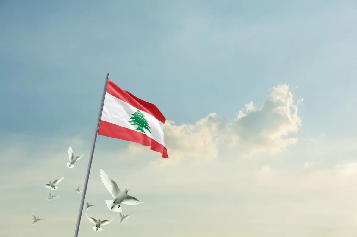 Lebanon,flag,waving,with,flying,doves,in,beautiful,sky.,lebanon