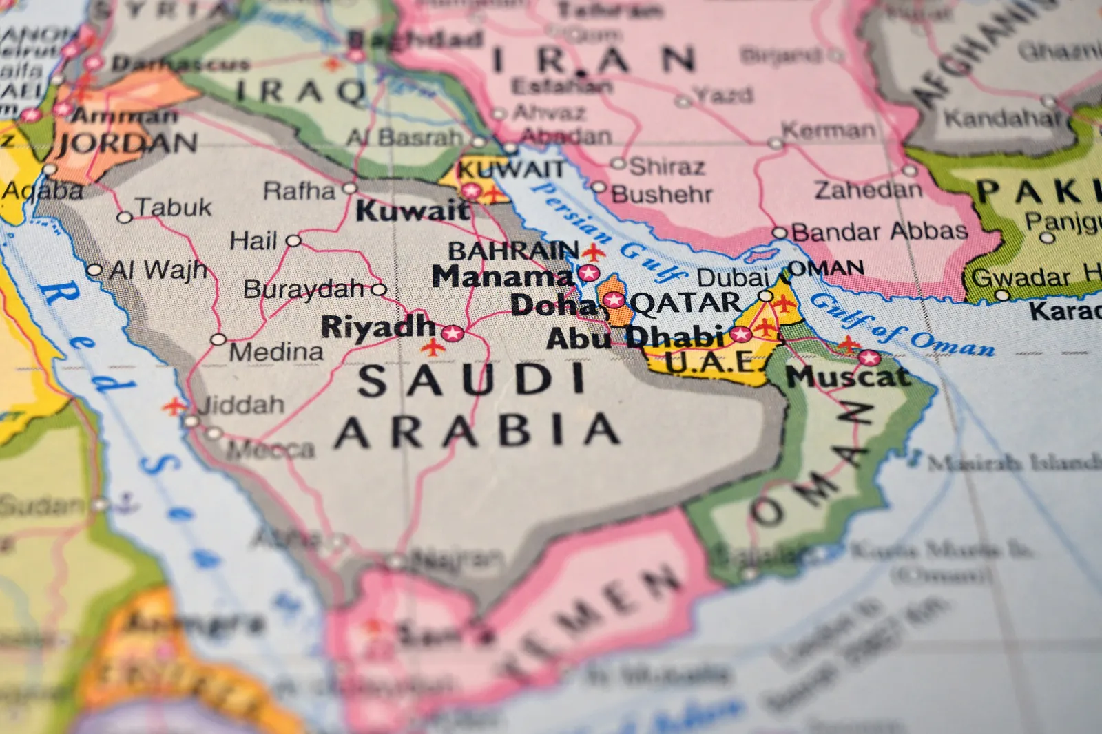 Riyadh,saudi,arabia,on,world,map,close,up,macro,defocused