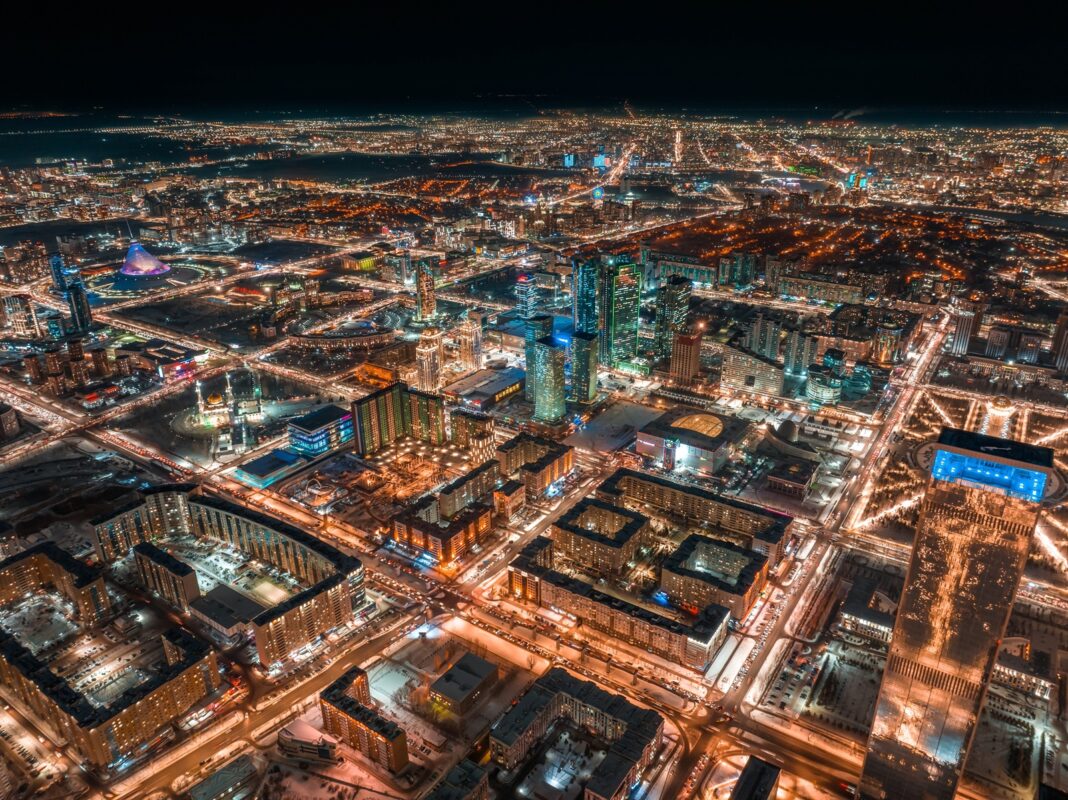 Aerial,night,view,of,astana,,kazakhstan,,highlighting,the,illuminated,city